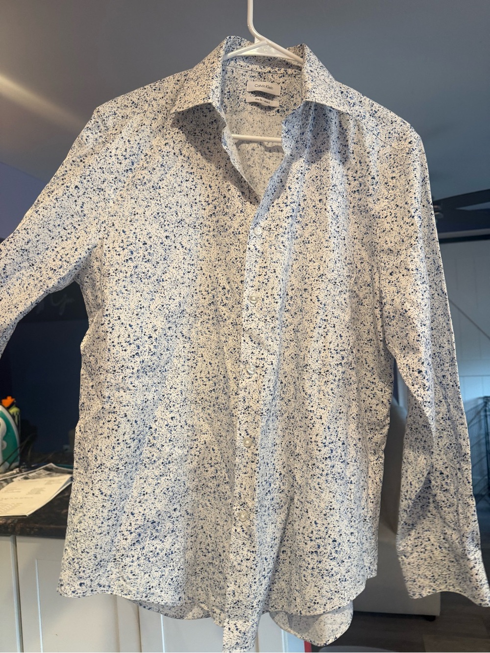Men’s Calvin Klein White Dress Shirt with Blue Microprint Slim/Stretch M